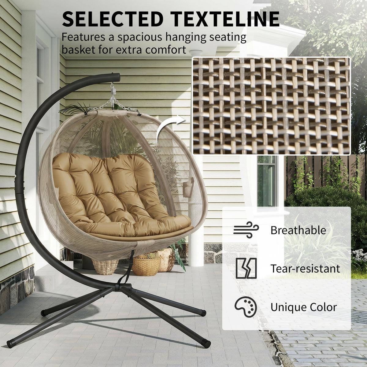 Outsunny double hanging egg chair with taupe woven basket, brown cushions, and black stand