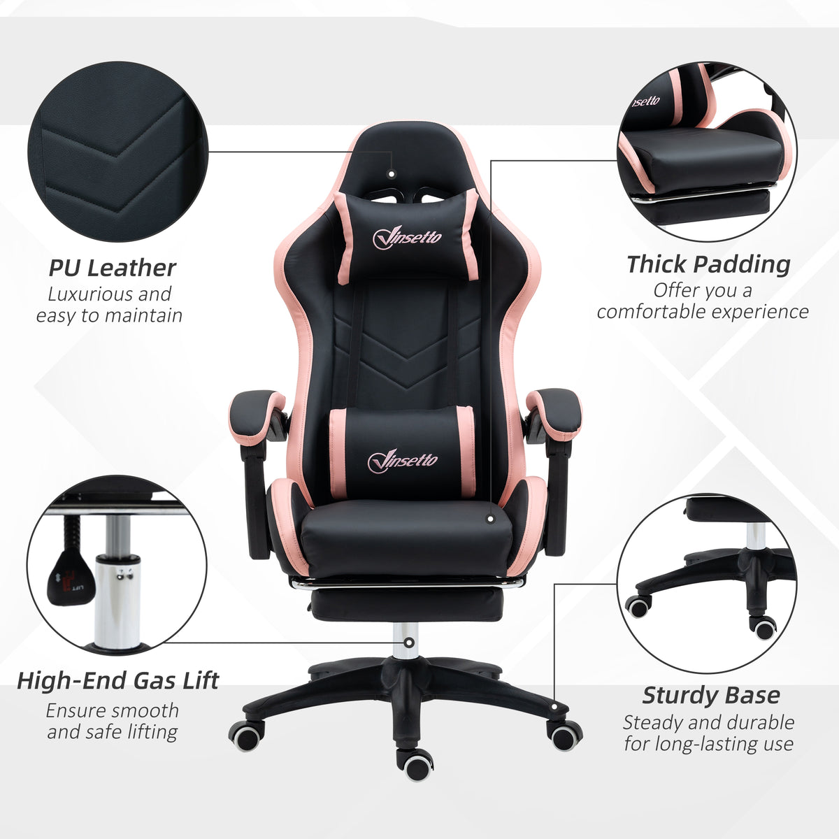 Vinsetto Gaming Chair, Computer Gamer Chair with Reclining High Back, Headrest, Lumbar Support, Footrest, Swivel Wheels, PU Leather, Adjustable Height for Home, Black and Pink