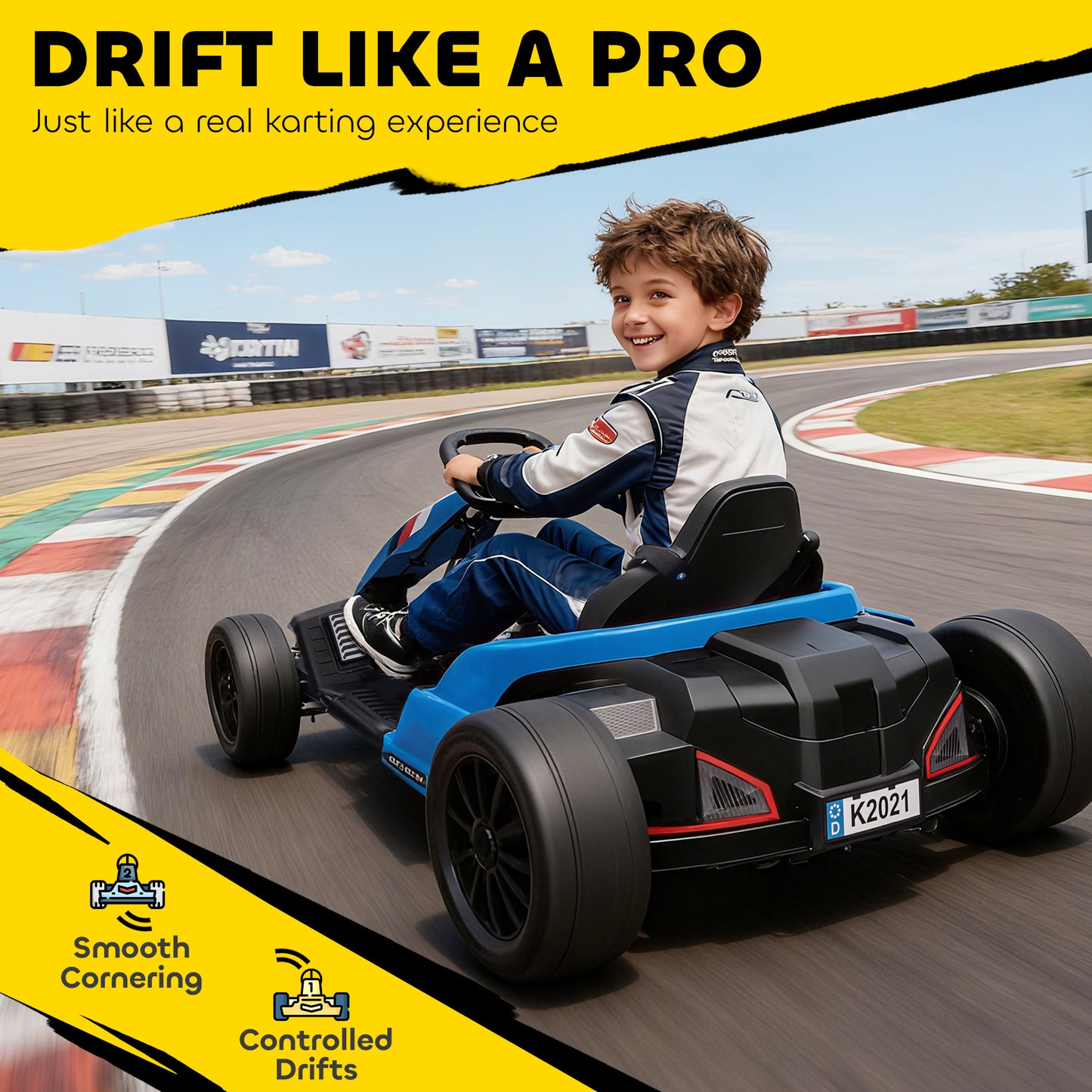 AIYAPLAY 24V Electric Go Kart, Drift Kart with Adjustable Seat, Slow Start, 5-Point Harness, Music, for 6-12 Years, Blue