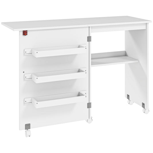 Photo of HOMCOM Folding Sewing Table, Drop Leaf Craft Table with Storage Bins, Open Shelf and Wheels, Rolling Sewing Machine Cabinet Computer Desk for Small Space, White in White colour on a white background