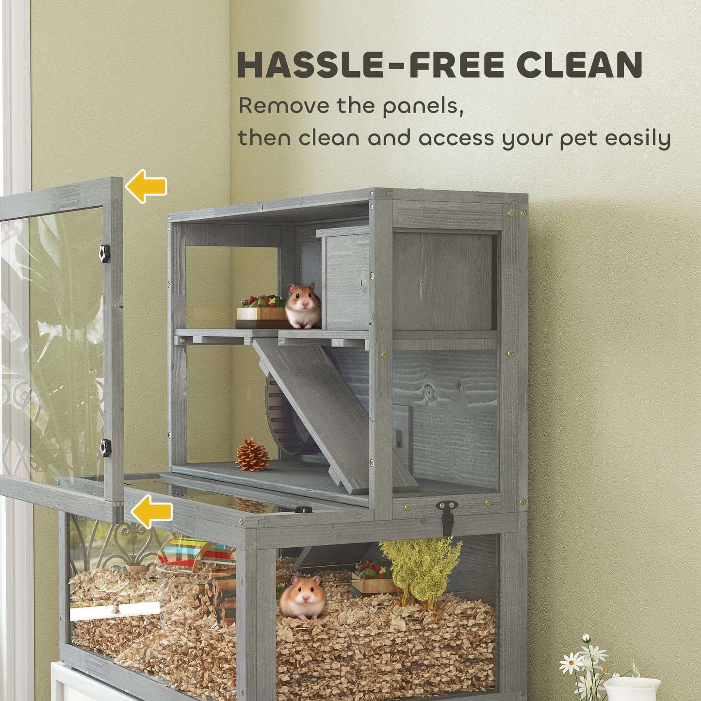 PawHut Wooden Hamster Cage with Hut, Wheel, Ramps, Removable Viewing Panels, 80 x 50 x 84 cm, Grey