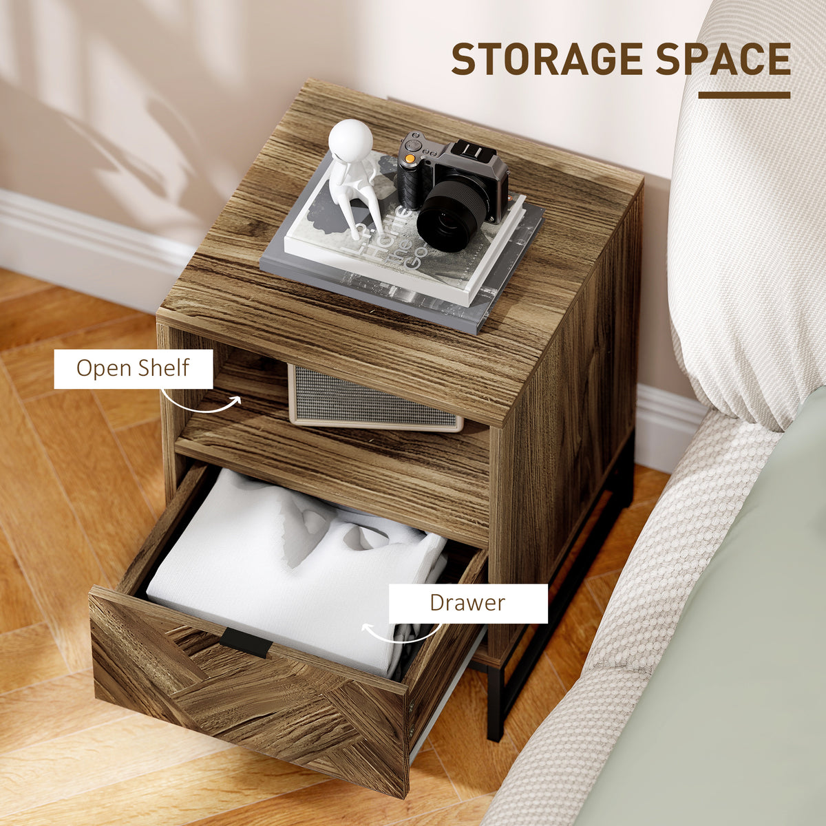 HOMCOM bedside table with open shelf and extended drawer, shown from above