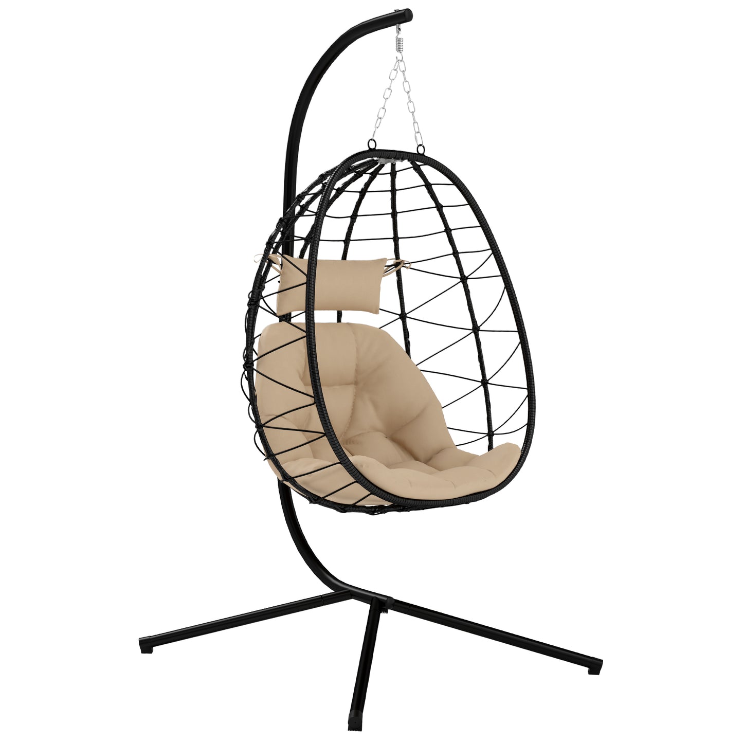 Photo of Outsunny Hanging Egg Chair Outdoor Indoor Garden Swing Chair with Folding Basket, Thickened Cushion, Garden Hanging Chair with Stand, Headrest for Patio, Balcony, Khaki in Khaki colour on a white background