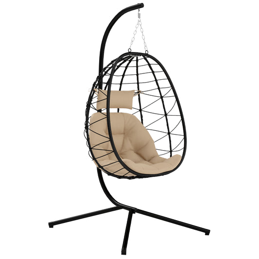 Photo of Outsunny Hanging Egg Chair Outdoor Indoor Garden Swing Chair with Folding Basket, Thickened Cushion, Garden Hanging Chair with Stand, Headrest for Patio, Balcony, Khaki in Khaki colour on a white background