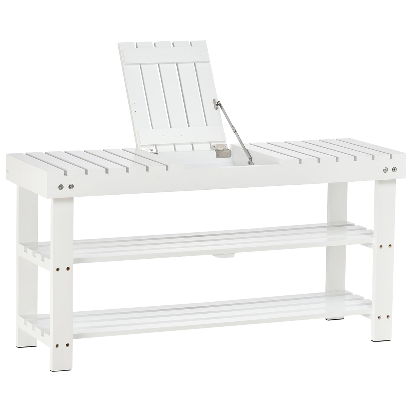 Photo of HOMCOM Shoe Bench, 3-Tier Wooden Shoe Rack with Hidden Storage Compartment, Slatted Shelves, Home Storage Unit, Hallway Furniture, White, 90L x 29W x45H cm in cm colour on a white background