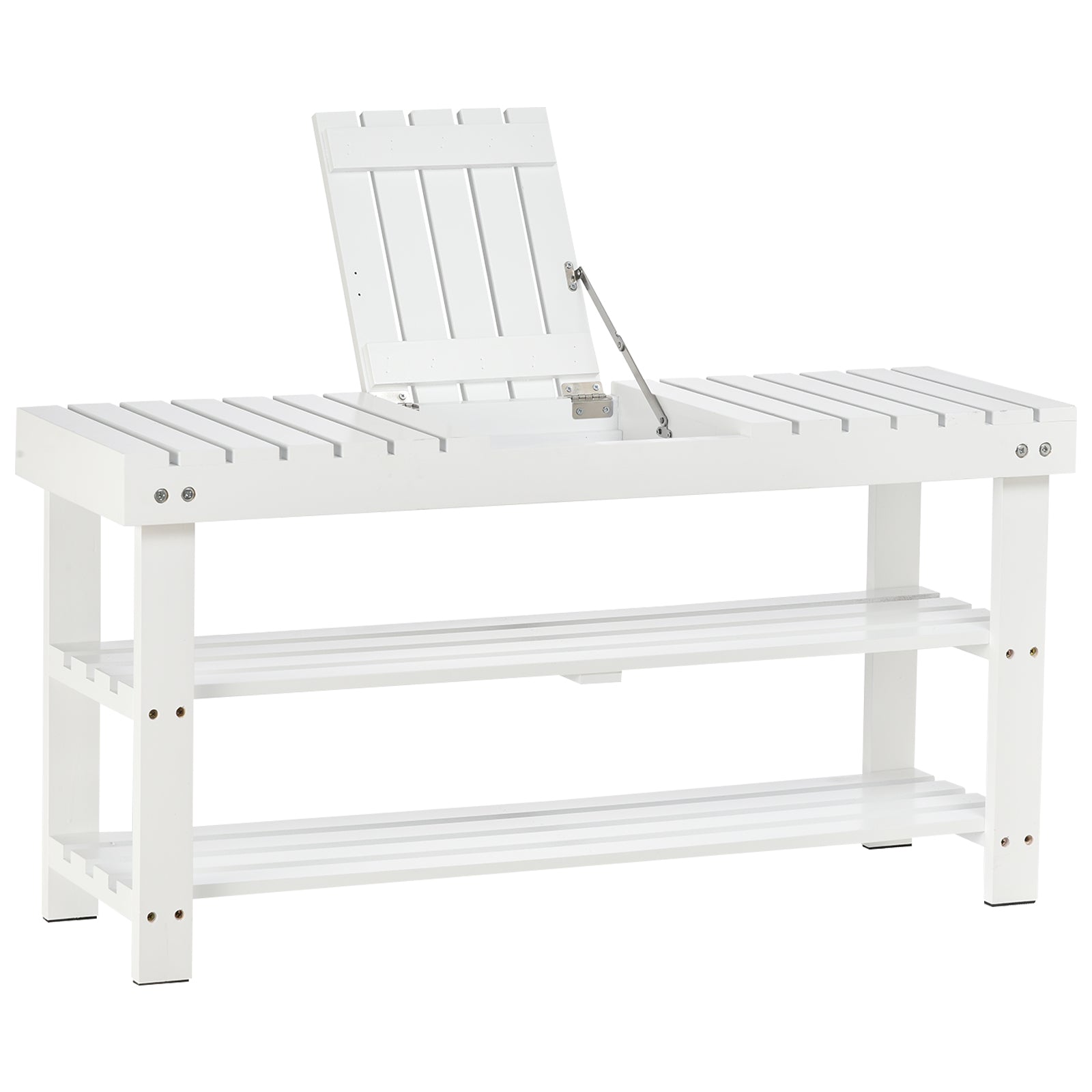 Photo of HOMCOM Shoe Bench, 3-Tier Wooden Shoe Rack with Hidden Storage Compartment, Slatted Shelves, Home Storage Unit, Hallway Furniture, White, 90L x 29W x45H cm in cm colour on a white background
