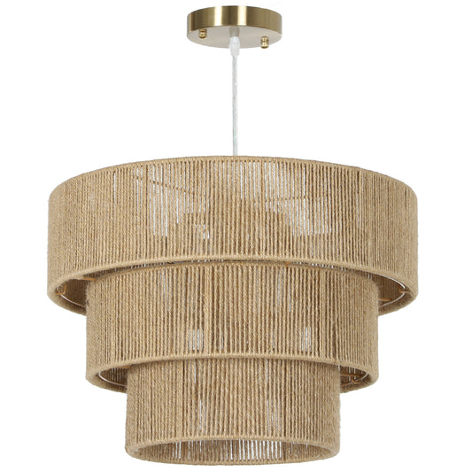 Photo of HOMCOM Hemp Rope Ceiling Light, 3-Layer Boho Pendant Light, 4 x E14 Vintage Ceiling Lamp Fixtures for Living Room, Bedroom, Kitchen, Hallway, Light Brown in Brown colour on a white background