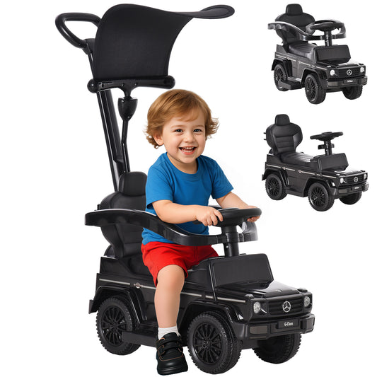 Black 3-in-1 ride-on push car with steering wheel, safety bar, canopy, and parent handle