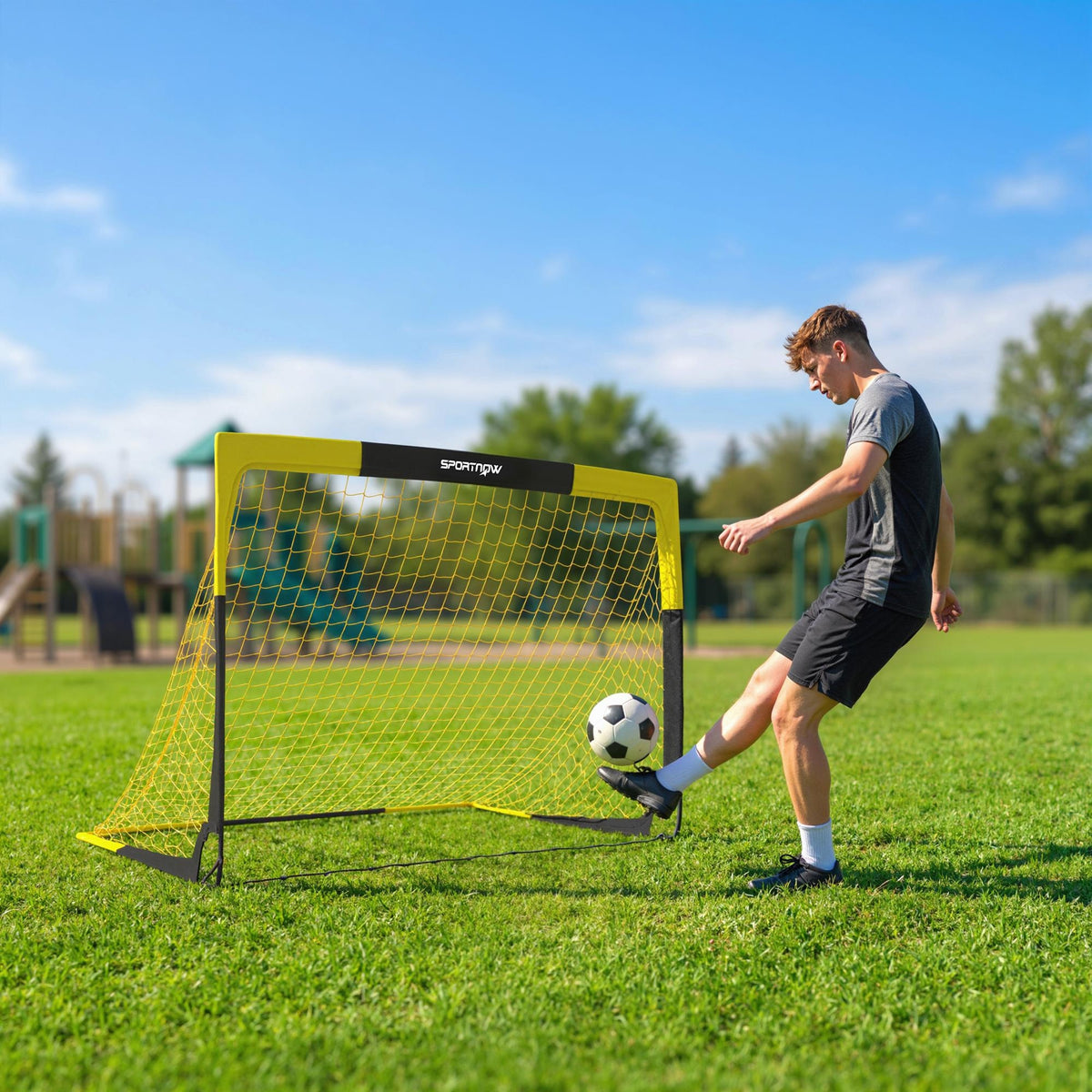 SPORTNOW Pop Up Football Goal, Portable Folding Football Net with Carry Bag, 4 U-Shaped Ground Stakes, Fibreglass Pole