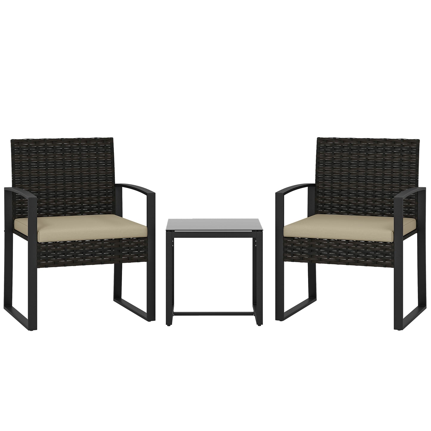 Photo of Outsunny Rattan Bistro Set, 3 Piece Garden Furniture Set with Glass Top Table and Cushions, Khaki in Khaki colour on a white background