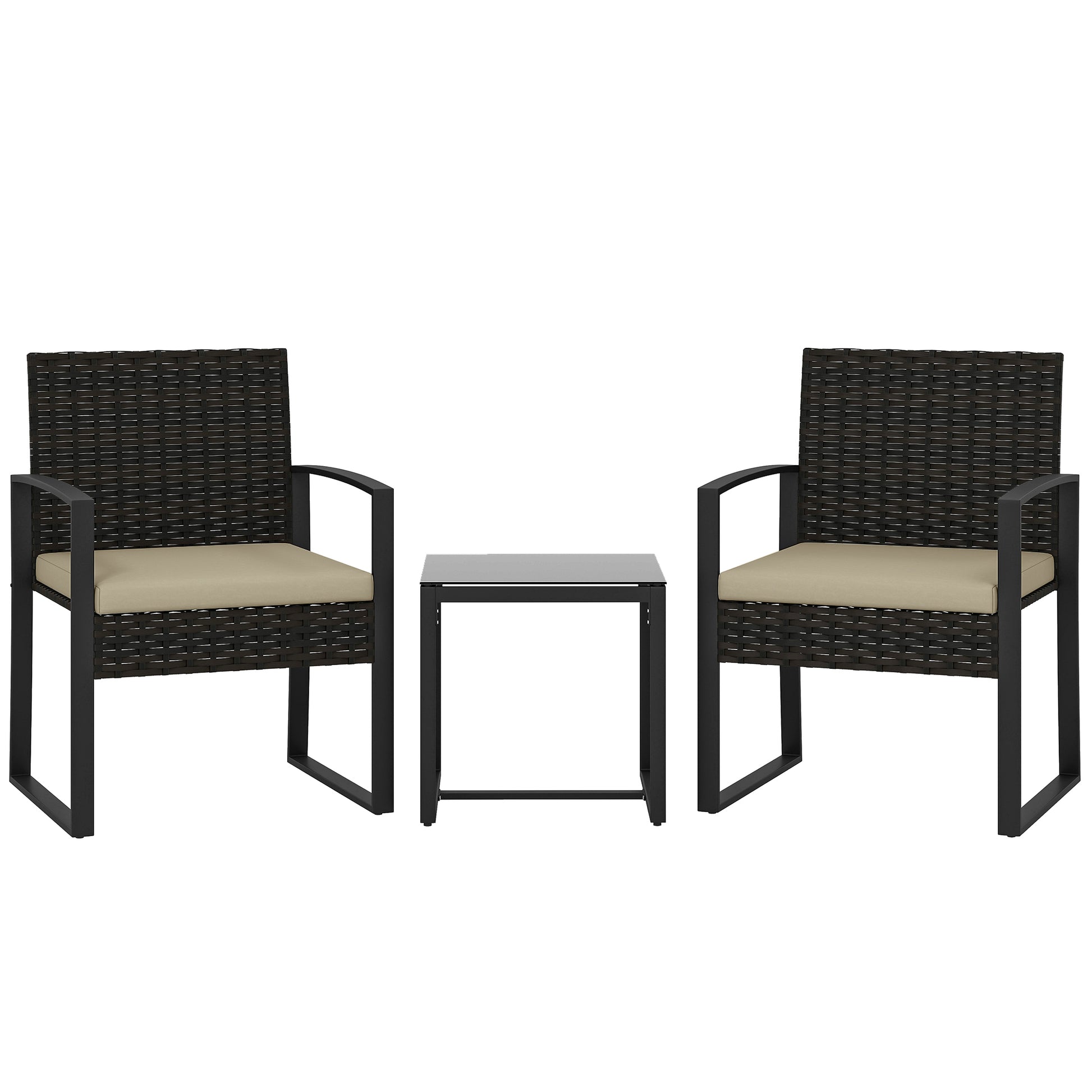 Photo of Outsunny Rattan Bistro Set, 3 Piece Garden Furniture Set with Glass Top Table and Cushions, Khaki in Khaki colour on a white background