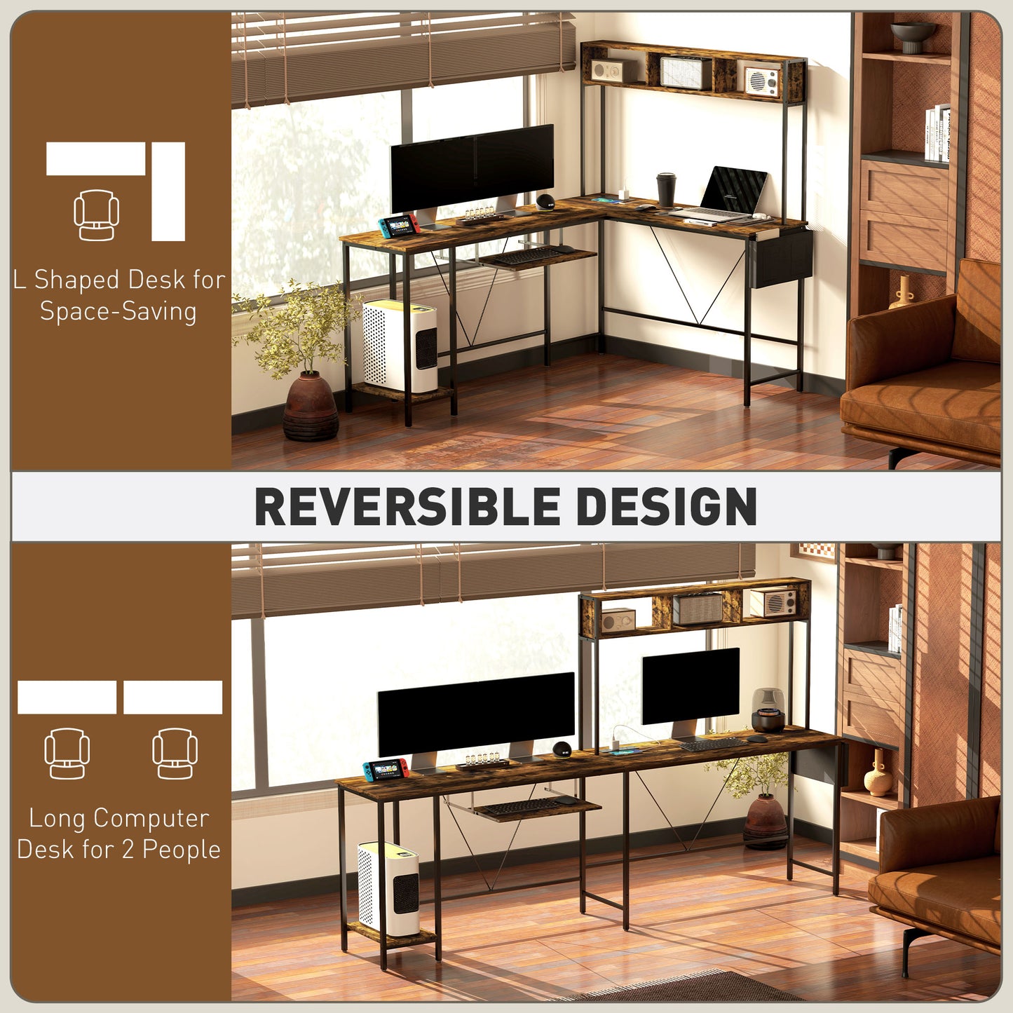 HOMCOM 160cm Reversible L Shaped Desk with Power Outlet, Industrial Corner Desk with Keyboard Tray, Rustic Brown