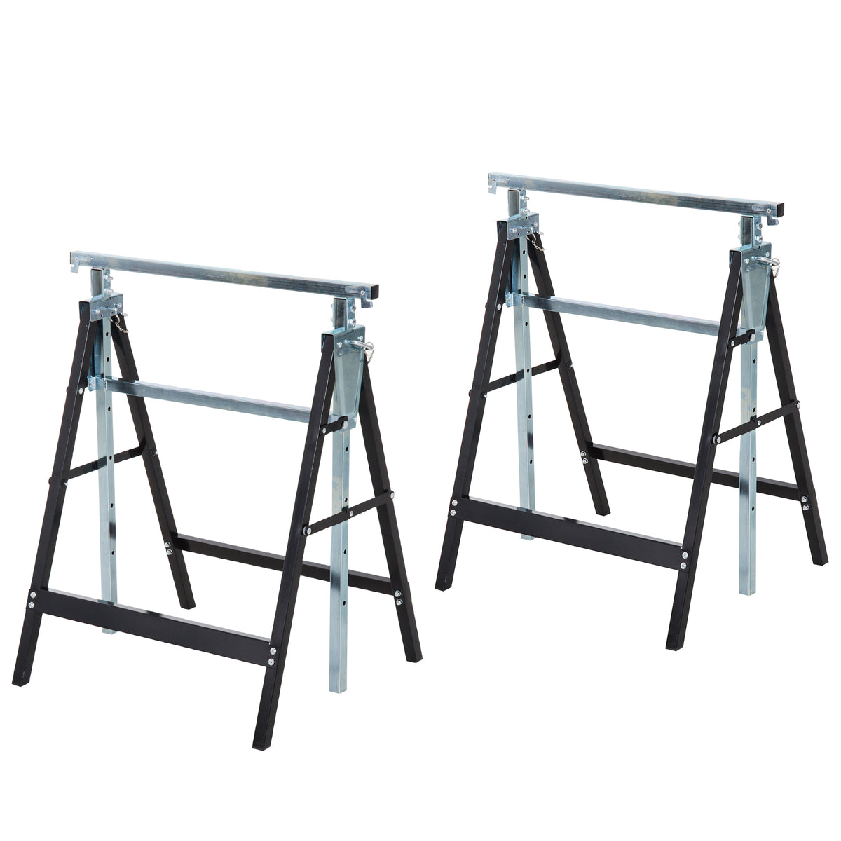 Pair of adjustable steel trestle workbenches with black folding legs