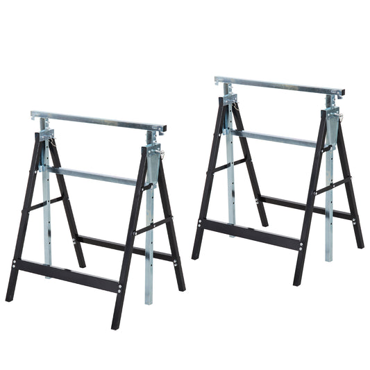 Pair of adjustable steel trestle workbenches with black folding legs