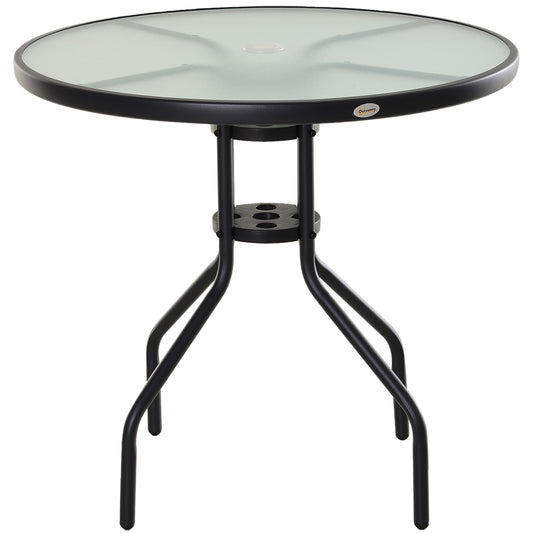 Photo of Outsunny 80 cm Round Garden Dining Table with Parasol Hole for 4, Outdoor Coffee Bistro End Side Table with Tempered Glass Top and Steel Frame for Patio, Porch, Black in Black colour on a white background