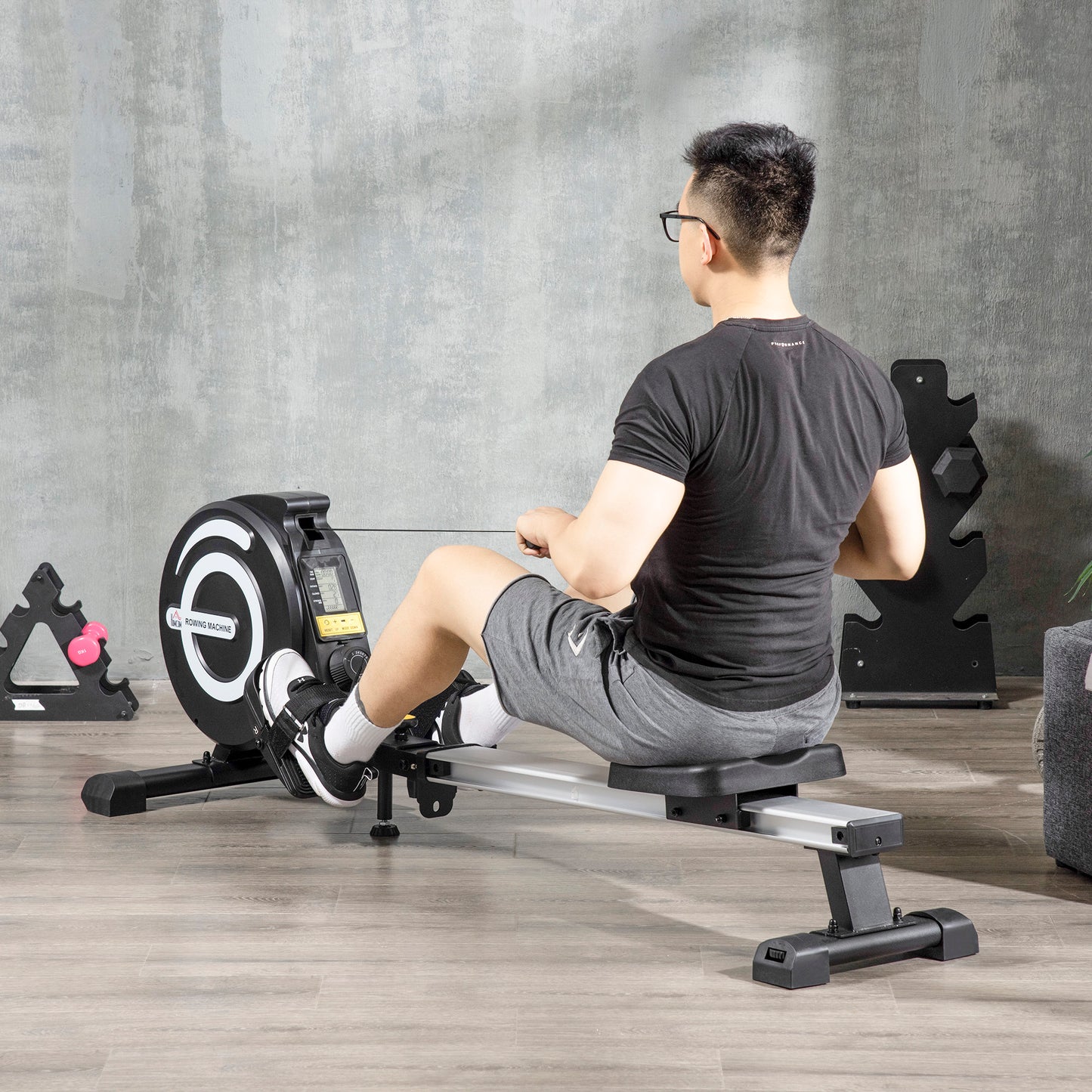 HOMCOM Folding Rowing Machine, Magnetic Rower Machine with 8 Levels Quiet Resistance, LCD Monitor, Wheels, Aluminium Slide Rail, Vertical Storage, 102kg Weight Capacity for Home Gym Cardio Training