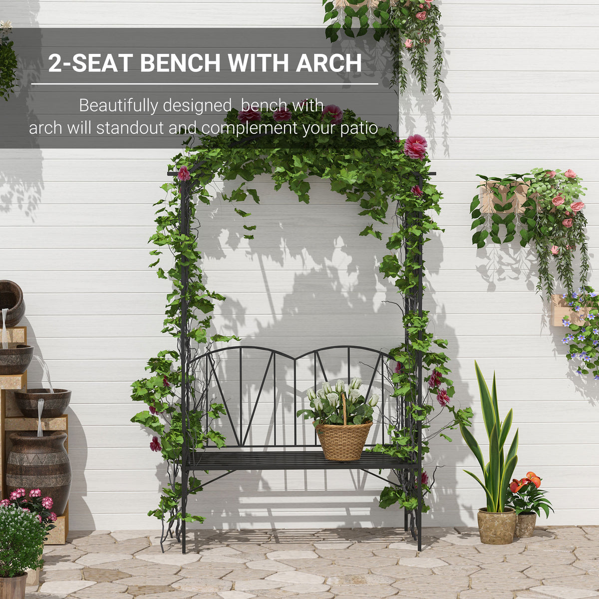 Two-seat garden bench with climbing vines around its arched trellis