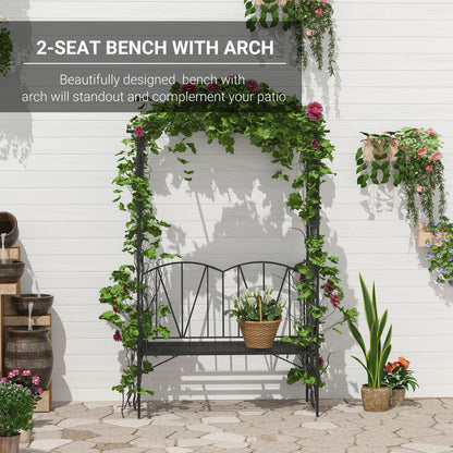 Two-seat garden bench with climbing vines around its arched trellis