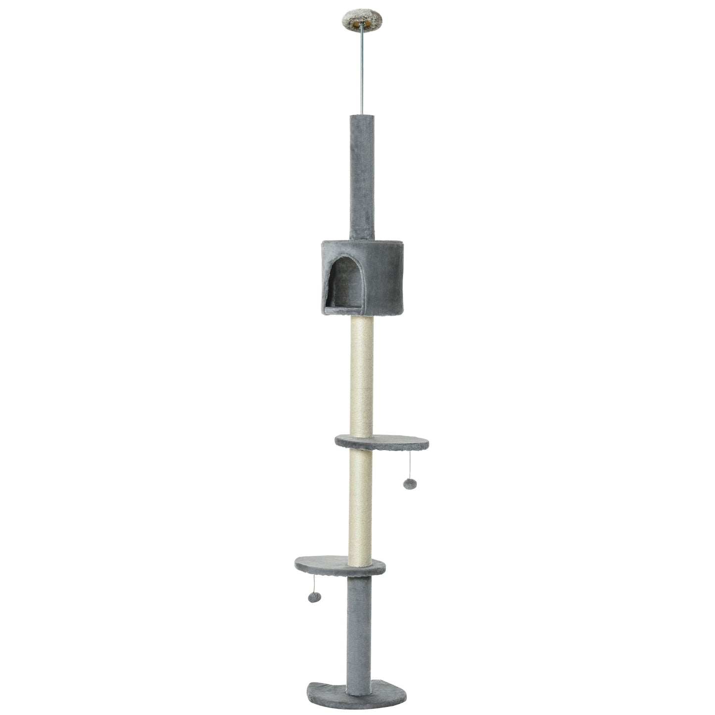 Photo of PawHut Floor to Ceiling Cat Tree for Indoor Cats, Kitten Tower, Condo, Multi-Layer Activity Center, Indoor Pet Play House with Solid Scratching Post Hanging Balls, Light Grey in Grey colour on a white background