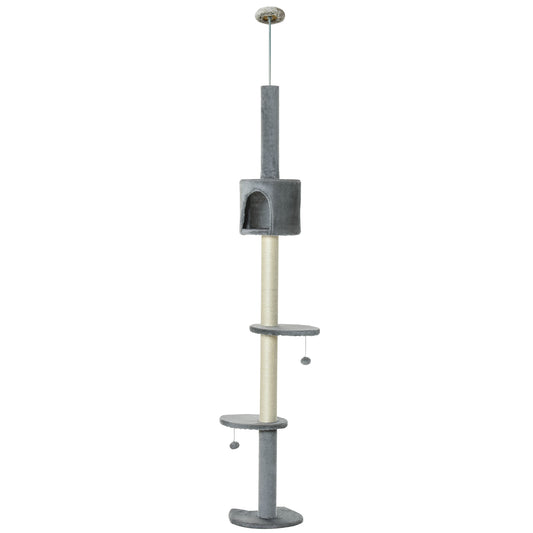 Photo of PawHut Floor to Ceiling Cat Tree for Indoor Cats, Kitten Tower, Condo, Multi-Layer Activity Center, Indoor Pet Play House with Solid Scratching Post Hanging Balls, Light Grey in Grey colour on a white background