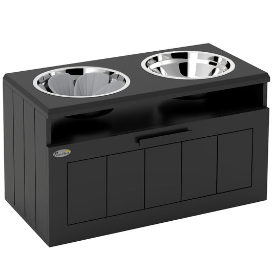 Photo of PawHut Raised Dog Bowl with Slow Feeder, Two Stainless Steel Dog Bowls, Drawer, for Large and Extra Large Dogs, Black in Black colour on a white background