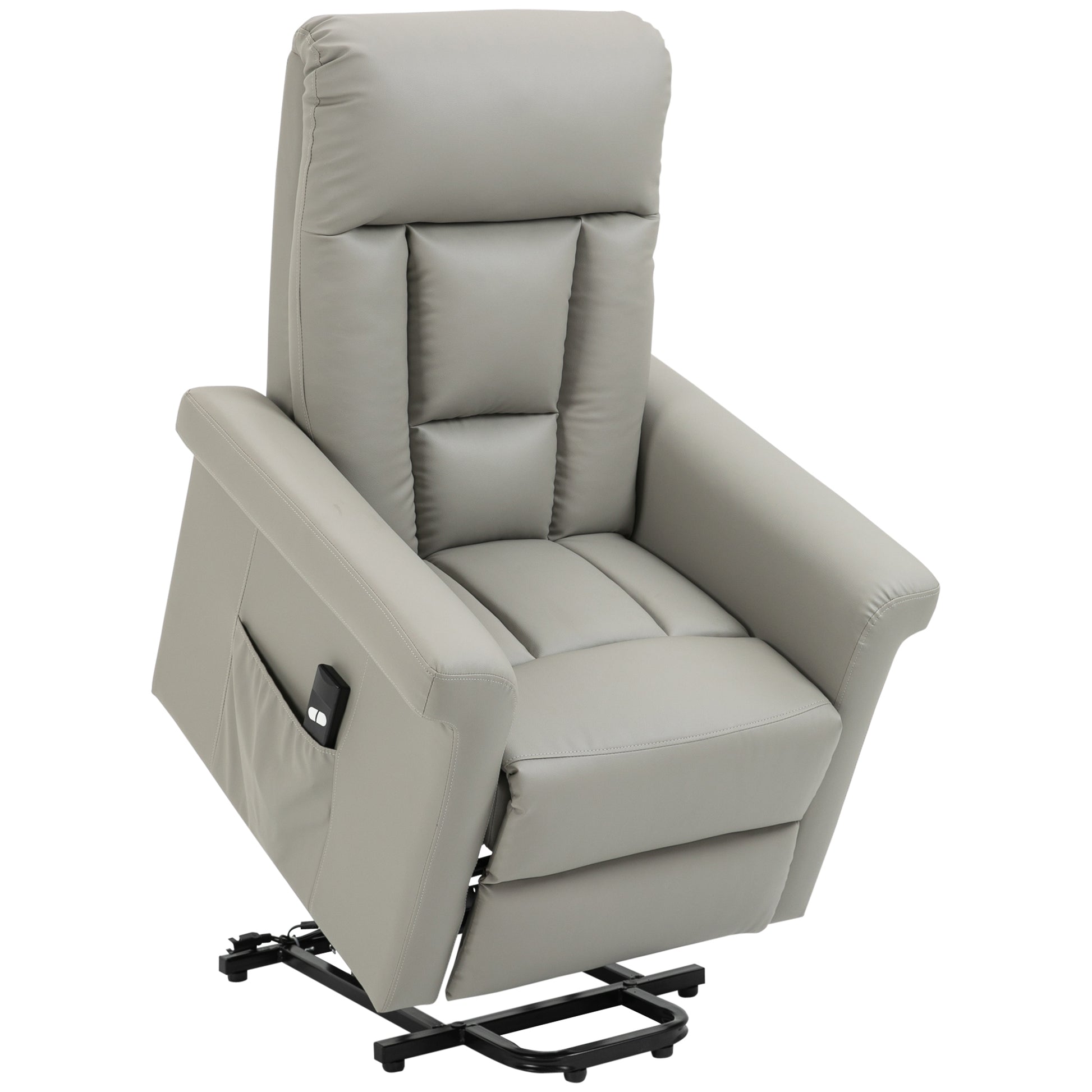 Photo of HOMCOM Power Lift Chair Armchair for the Elderly, PU Leather Recliner Chair with Extended Footrest, Remote Control and Side Pocket, Grey in Grey colour on a white background