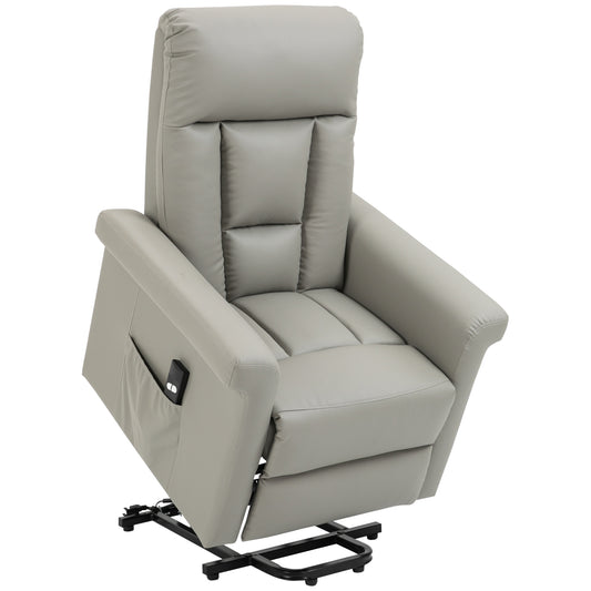 Photo of HOMCOM Power Lift Chair Armchair for the Elderly, PU Leather Recliner Chair with Extended Footrest, Remote Control and Side Pocket, Grey in Grey colour on a white background