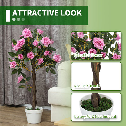 Artificial pink rose tree with a twisted trunk, white nursery pot, and moss