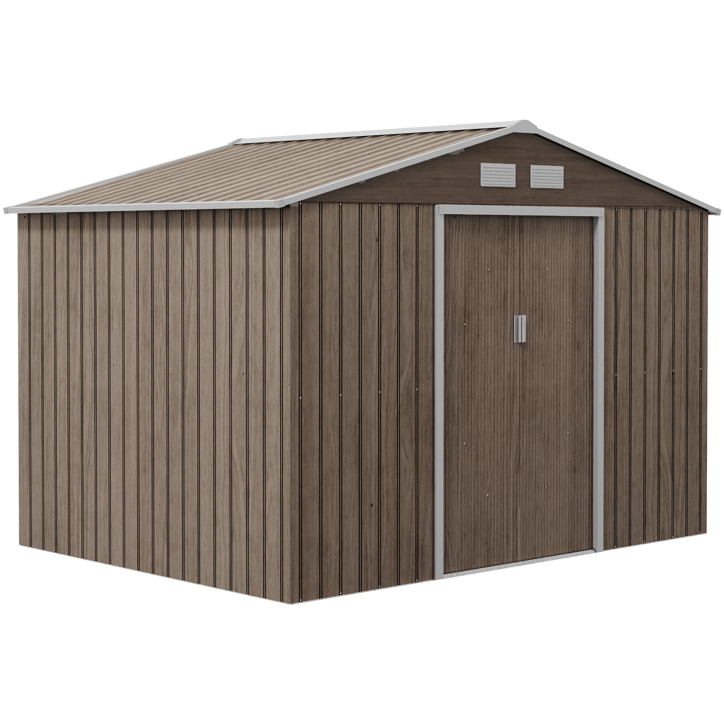 Photo of Outsunny 9 x 6ft Steel Garden Shed, Outdoor Storage Tool House with Vents, Foundation and Lockable Double Doors, Brown in Brown colour on a white background