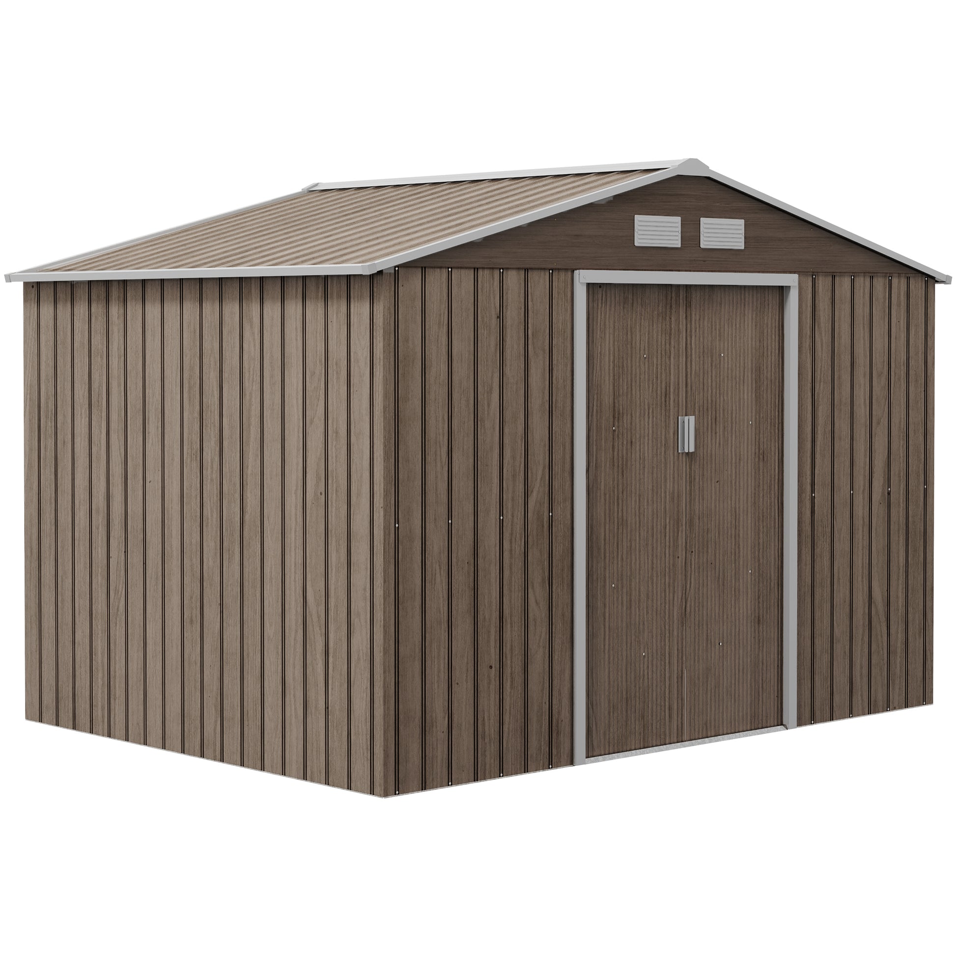 Photo of Outsunny 9 x 6ft Steel Garden Shed, Outdoor Storage Tool House with Vents, Foundation and Lockable Double Doors, Brown in Brown colour on a white background