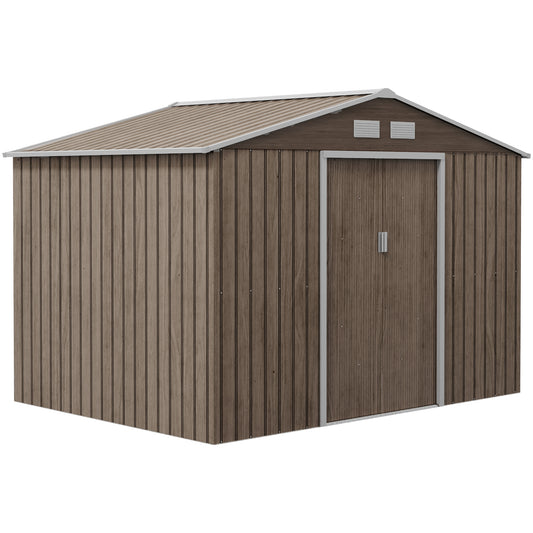 Photo of Outsunny 9 x 6ft Steel Garden Shed, Outdoor Storage Tool House with Vents, Foundation and Lockable Double Doors, Brown in Brown colour on a white background
