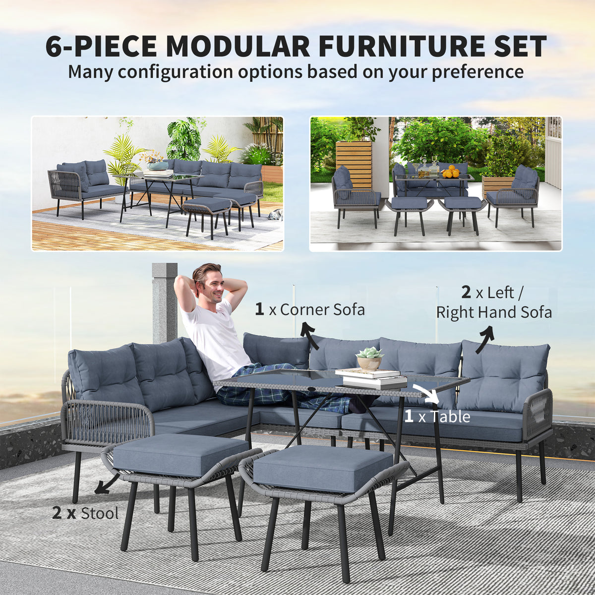 Outsunny 6 Piece Rattan Garden Furniture Set, 8 Seater Garden Corner Sofa with Cushions and Glass Top Table, Sectional Outdoor Furniture Conservatory Set for Patio, Charcoal Grey