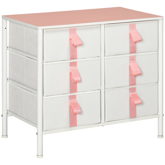 Photo of HOMCOM Chest of Drawers, Cloth Organizer Unit with 6 Fabric Drawers, Metal Frame and Wooden Top, Storage Cabinet for Kids Room, Living Room, Closet, Hallway, Pink in Pink colour on a white background