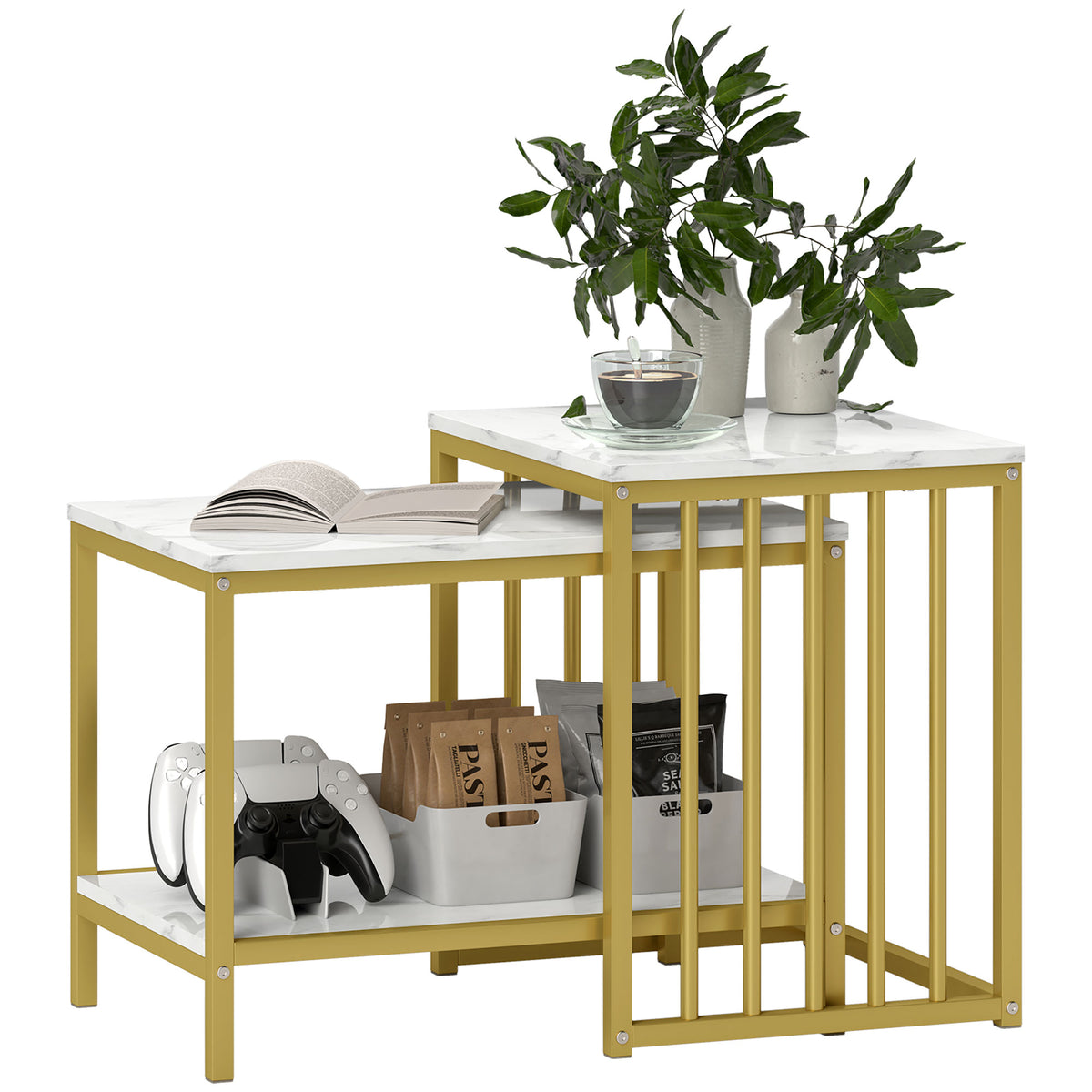 Photo of HOMCOM Modern Coffee Table Set of Two, Marble-Effect Nesting Side Tables with Steel Frame for Living Room, Gold Tone in Tone colour on a white background