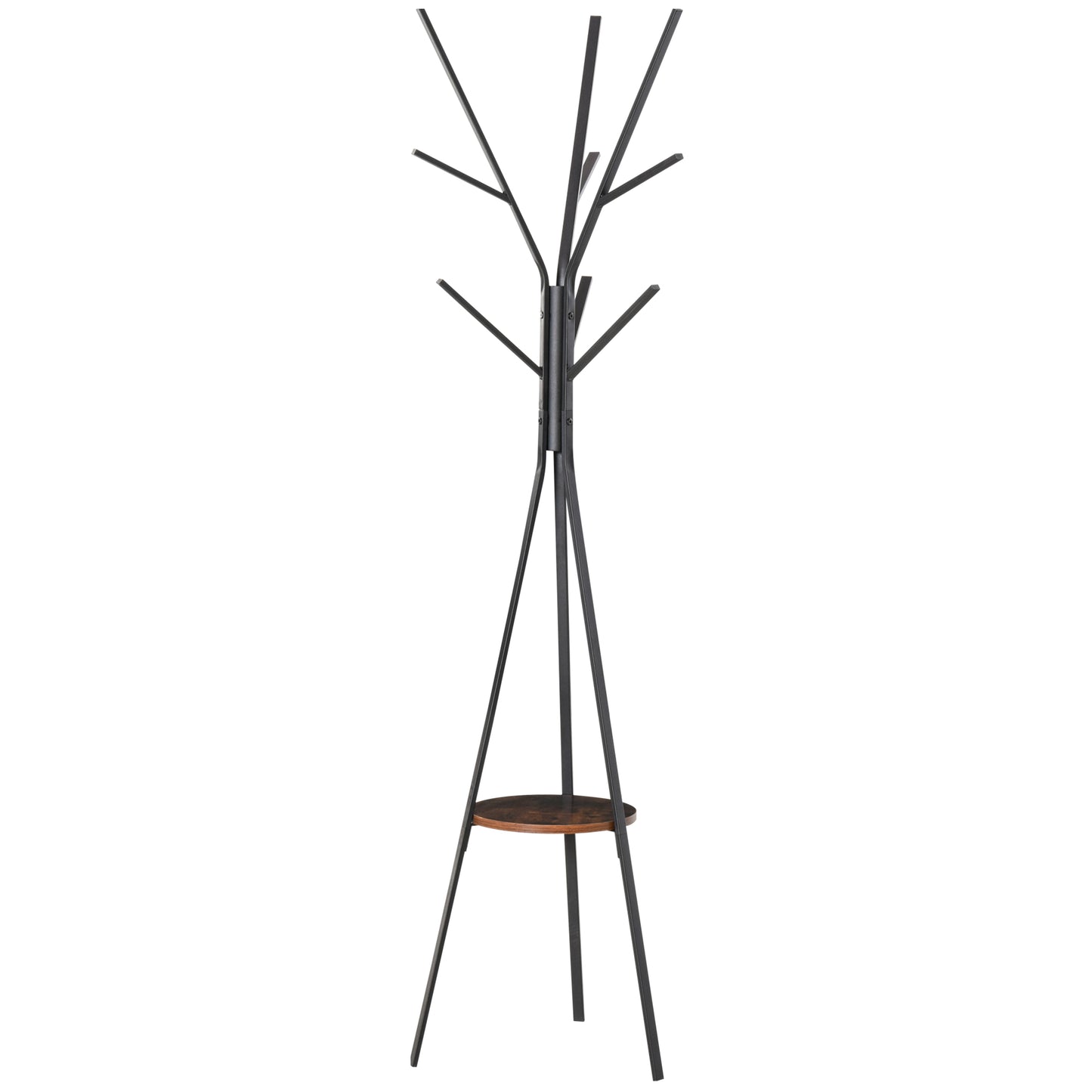 Photo of HOMCOM Freestanding Metal Coat Rack Stand 9 Hooks Clothes Tree with 1 Shelf Hat Display Hall Tree Hanger Bag Umbrella Hanging Organiser Brown in Brown colour on a white background
