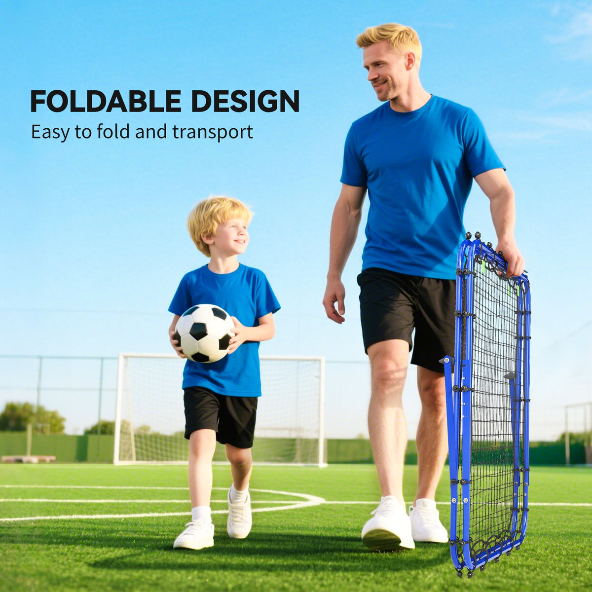 Folded blue football rebounder net carried by an adult