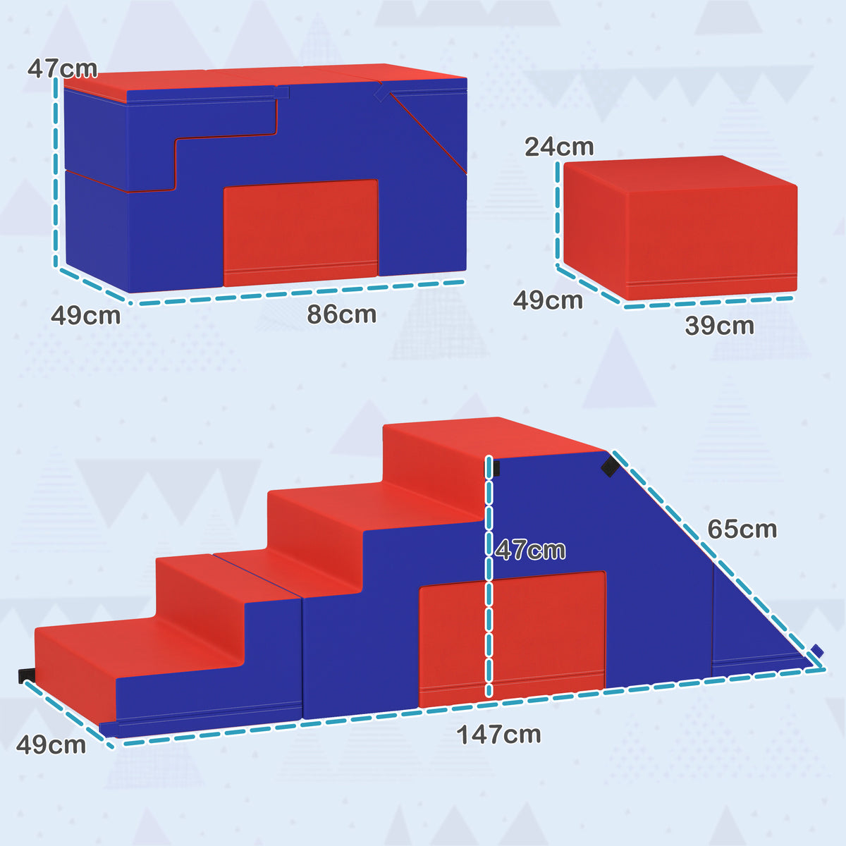 HOMCOM foam play set with climbing steps, ramp, and block, shown with dimensions