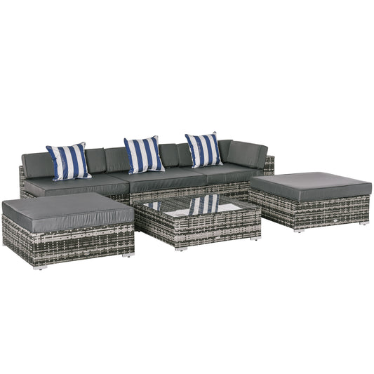 Photo of Outsunny 6 PC Rattan Sofa Coffee Table Set Sectional Wicker Weave Furniture for Garden Outdoor Conservatory w/ Pillow Cushion Grey in Grey colour on a white background