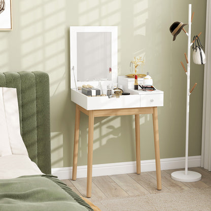 White vanity table with upright mirror, storage compartments, and pine legs