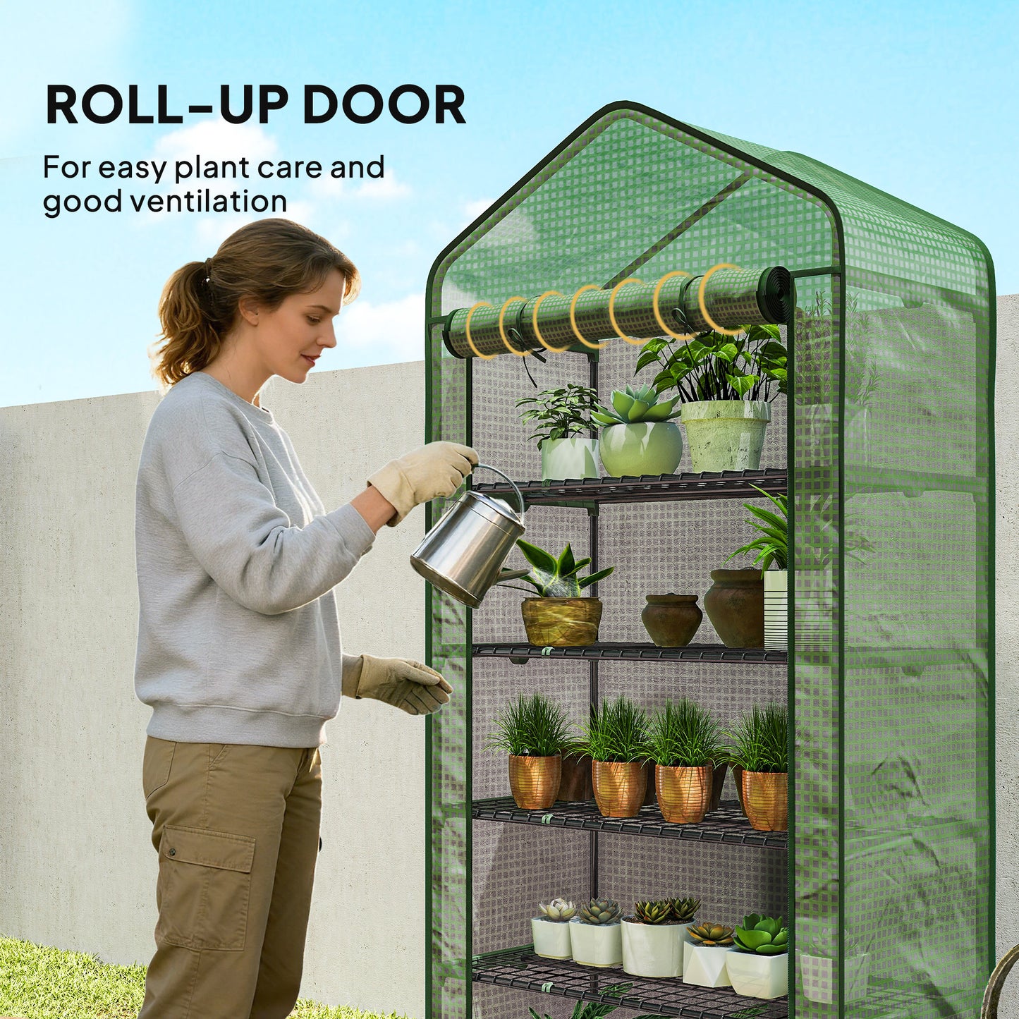 Outsunny 5 Tier Widened Mini Greenhouse with Reinforced PE Cover, Portable Indoor Outdoor Green House with Roll-up Door and Wire Shelves, 90 x 49 x 193cm, Green