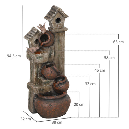 Outsunny cascading garden fountain with birdhouses, shown with height and base measurements