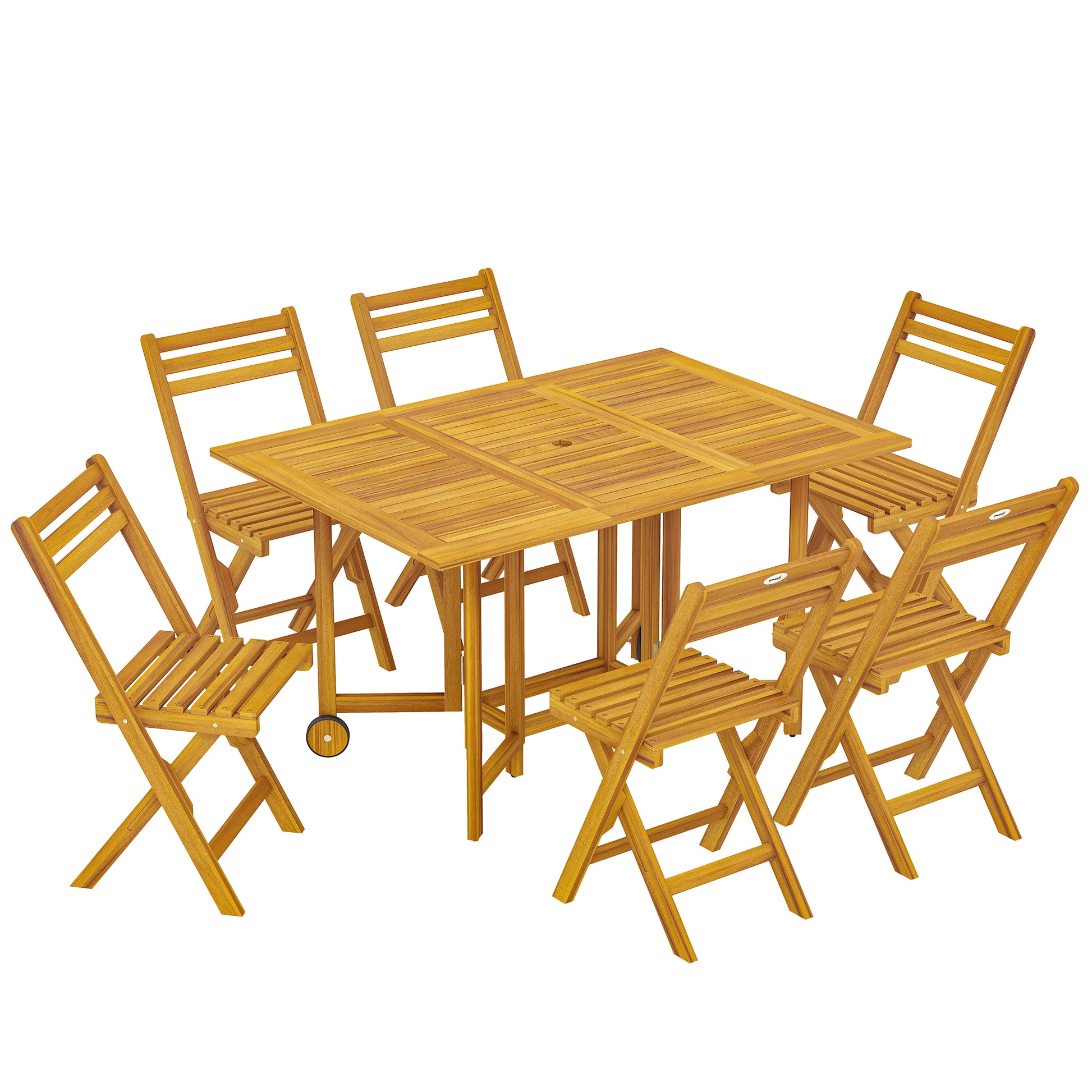 Photo of Outsunny 7 Pieces Garden Dining Set, Extending Dining Table and 6 Folding Chairs with Umbrella Hole for Patio, Natural Wood in Wood colour on a white background