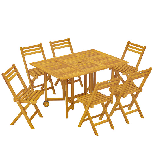 Photo of Outsunny 7 Pieces Garden Dining Set, Extending Dining Table and 6 Folding Chairs with Umbrella Hole for Patio, Natural Wood in Wood colour on a white background