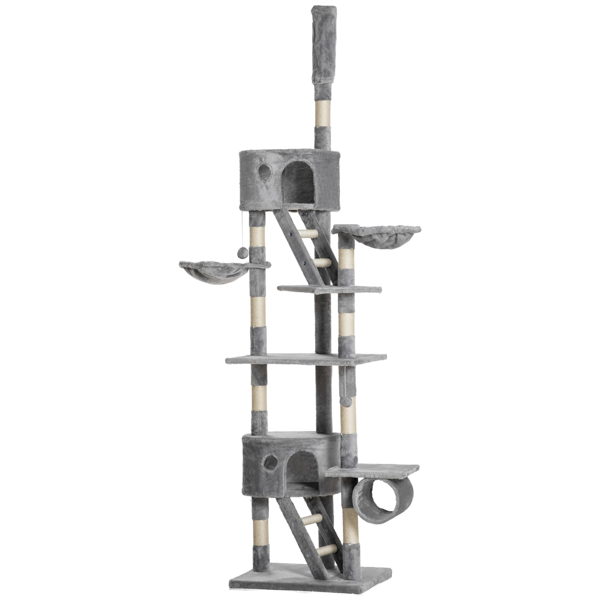 Photo of PawHut Floor to Ceiling Cat Tree for Indoor Cats, 240-260cm, Adjustable Height - Light Grey in Grey colour on a white background