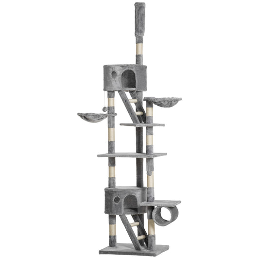 Photo of PawHut Floor to Ceiling Cat Tree for Indoor Cats, 240-260cm, Adjustable Height - Light Grey in Grey colour on a white background
