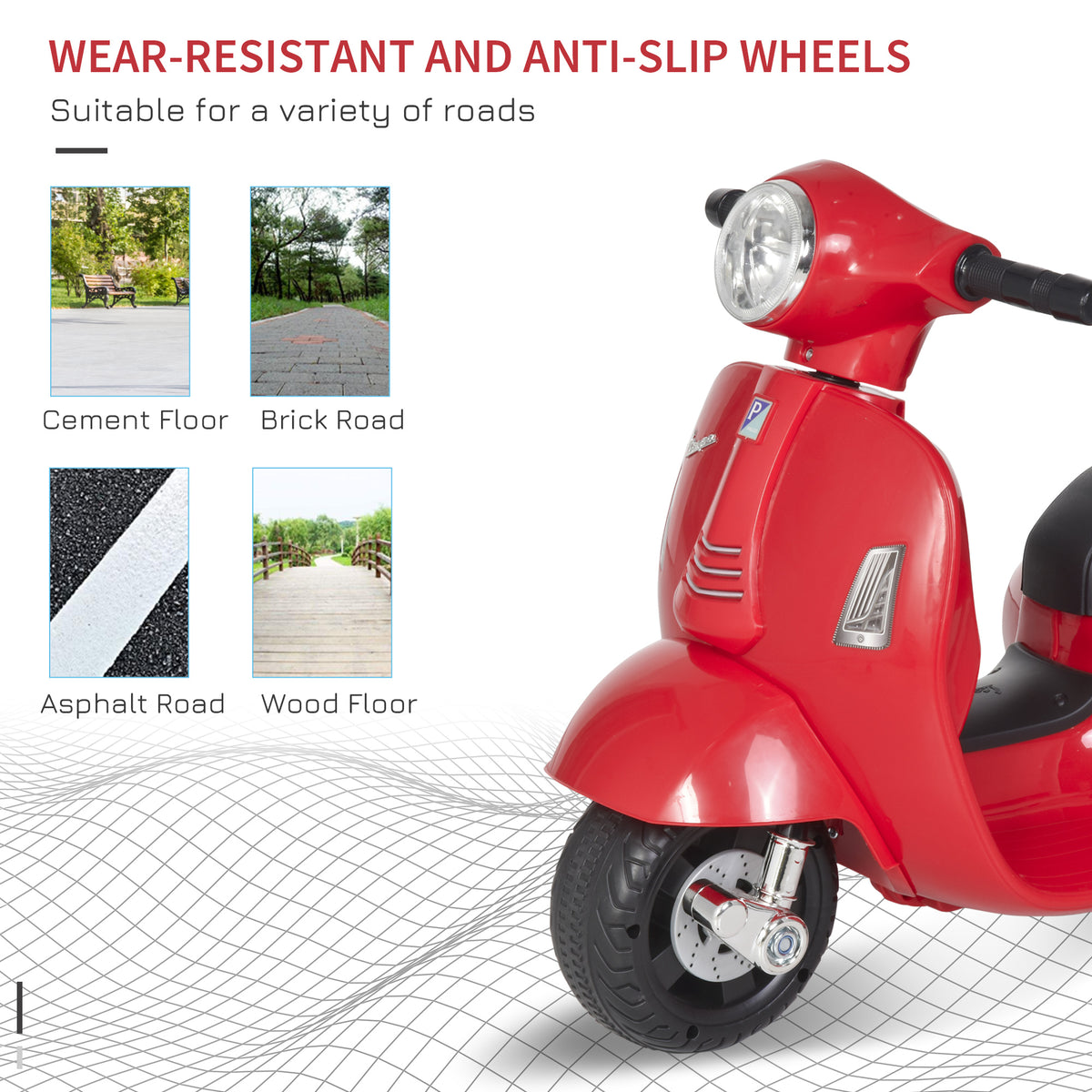 Red Vespa kids' electric ride-on motorcycle with textured front tire