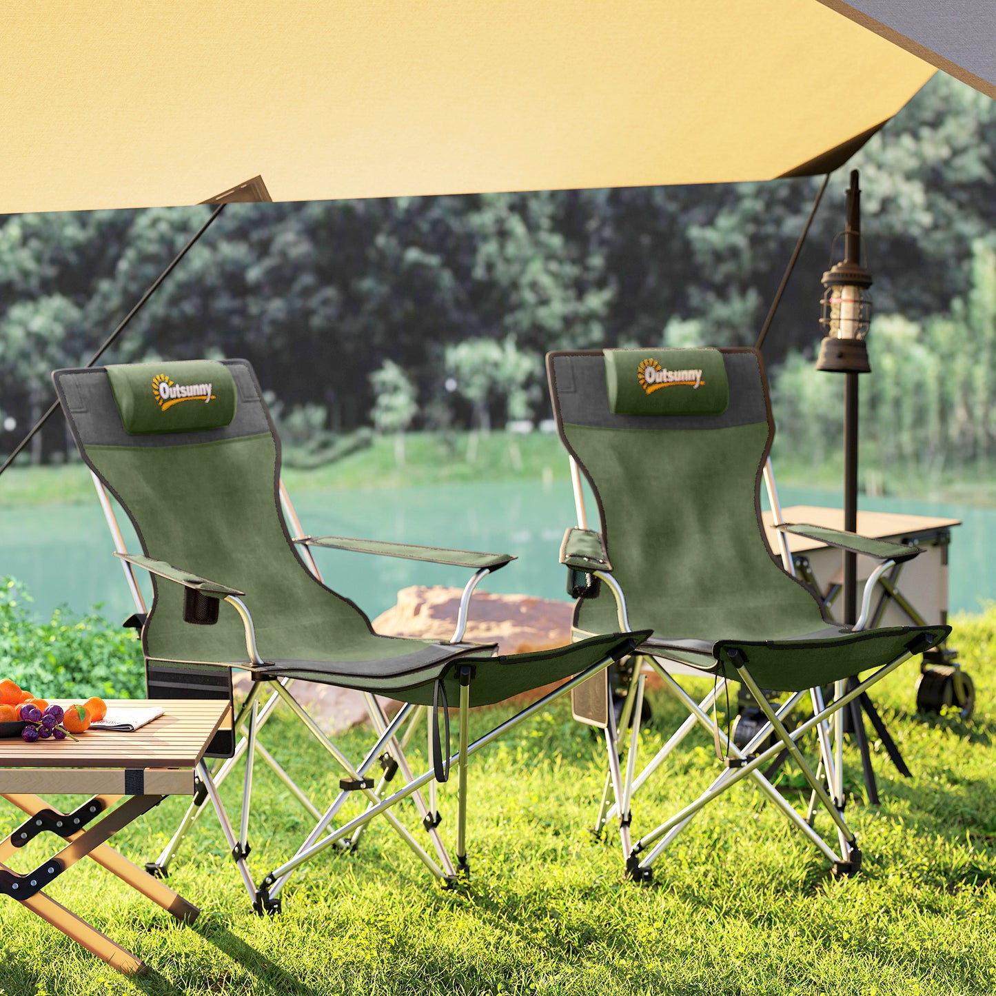 Outsunny Set of 2 Reclining Folding Camping Chair w/ Detachable Footrest, Storage Bag, Cup Holder & Headrest, Lightweight Portable Camp Chair for Beach, Picnic, Olive Green and Grey