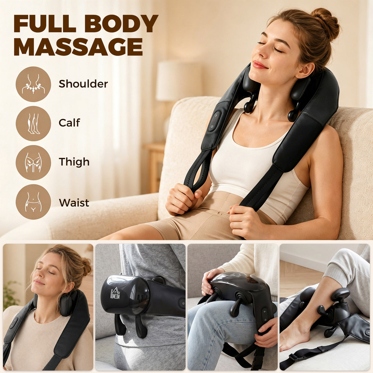 HOMCOM Cordless Neck Massager with Heat, Deep Tissue 4D Shiatsu Neck and Shoulder Massager for Car Home, Gifts for Men Women
