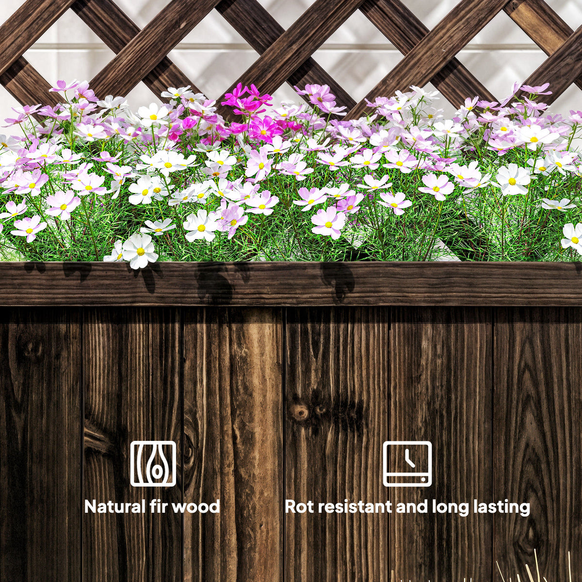 Outsunny wooden planter box with lattice trellis and blooming flowers