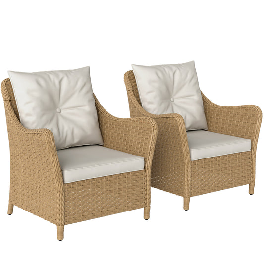 Photo of Outsunny Rattan Garden Chairs Set of 2, Outdoor Rattan Chairs with Cushions, Armrests and High Back, PE Wicker Garden Armchair with Steel Frame for Balcony, Porch, Beige in Beige colour on a white background